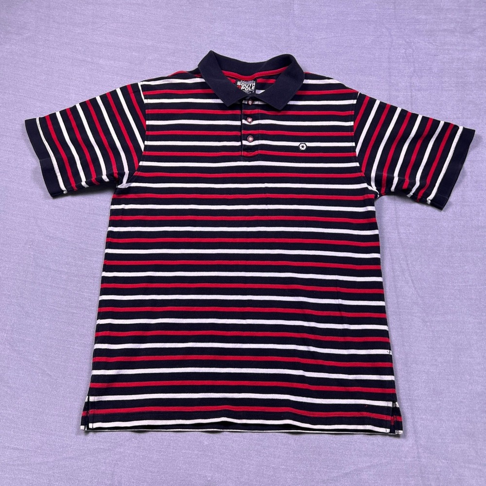 South Pole Y2K Style Mens Striped‎ Polo Shirt Short Sleeve Red White Blue Size L